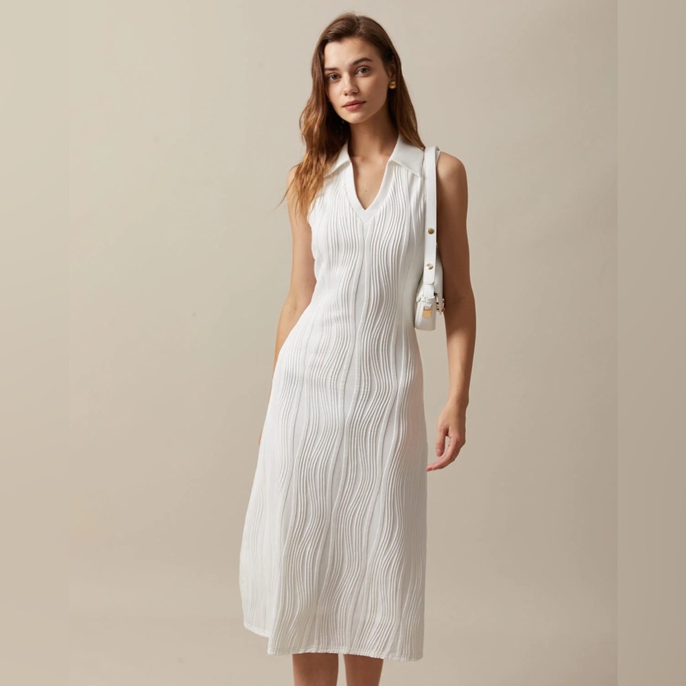 NWT RIHOAS V Neck Water Ripple Textured Tank Midi Dress White Sz S, M, L.